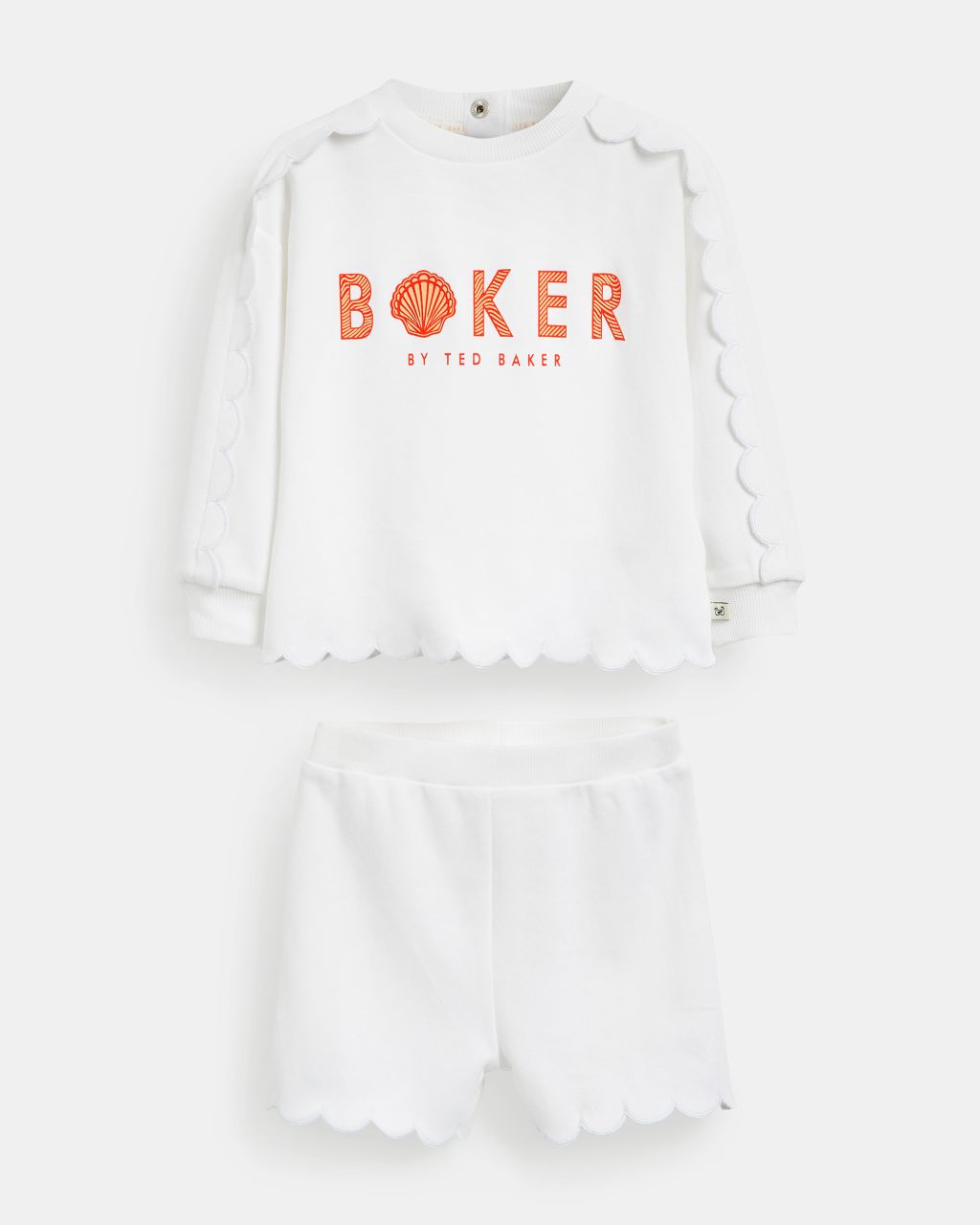 Girls' Scalloped Jersey Top And Shorts Set In White, Sshells, Cotton