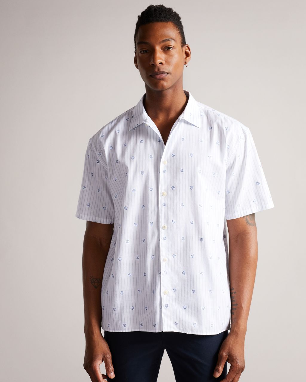 Ted Baker Men's Short Sleeve Stripe Flower Coupe Shirt in White, Ailbee, Cotton