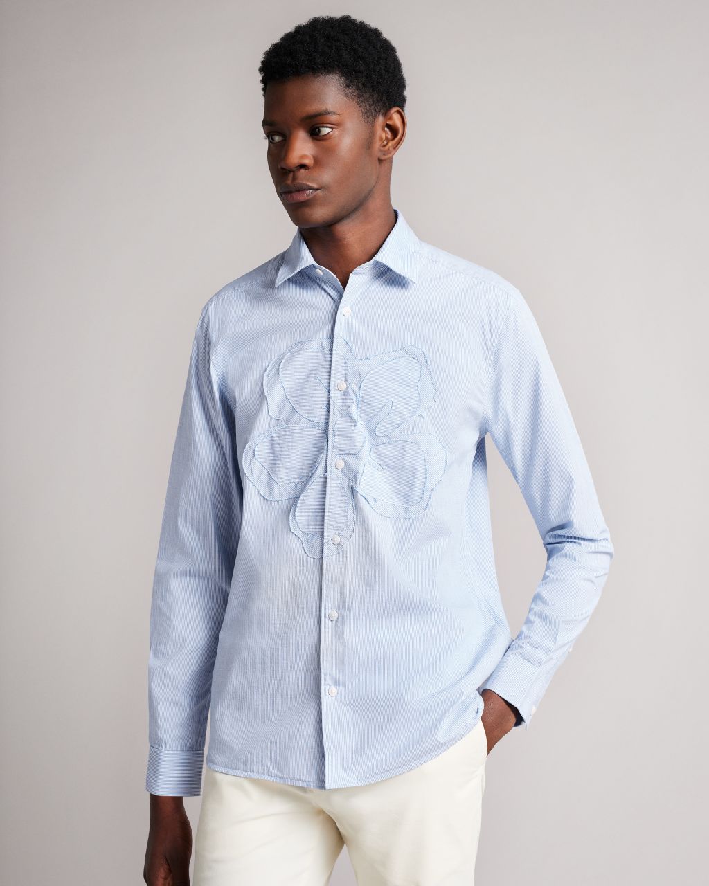 Ted Baker Men's Long Sleeve Striped Shirt With Magnolia Detail in Blue, Evadnee, Cotton