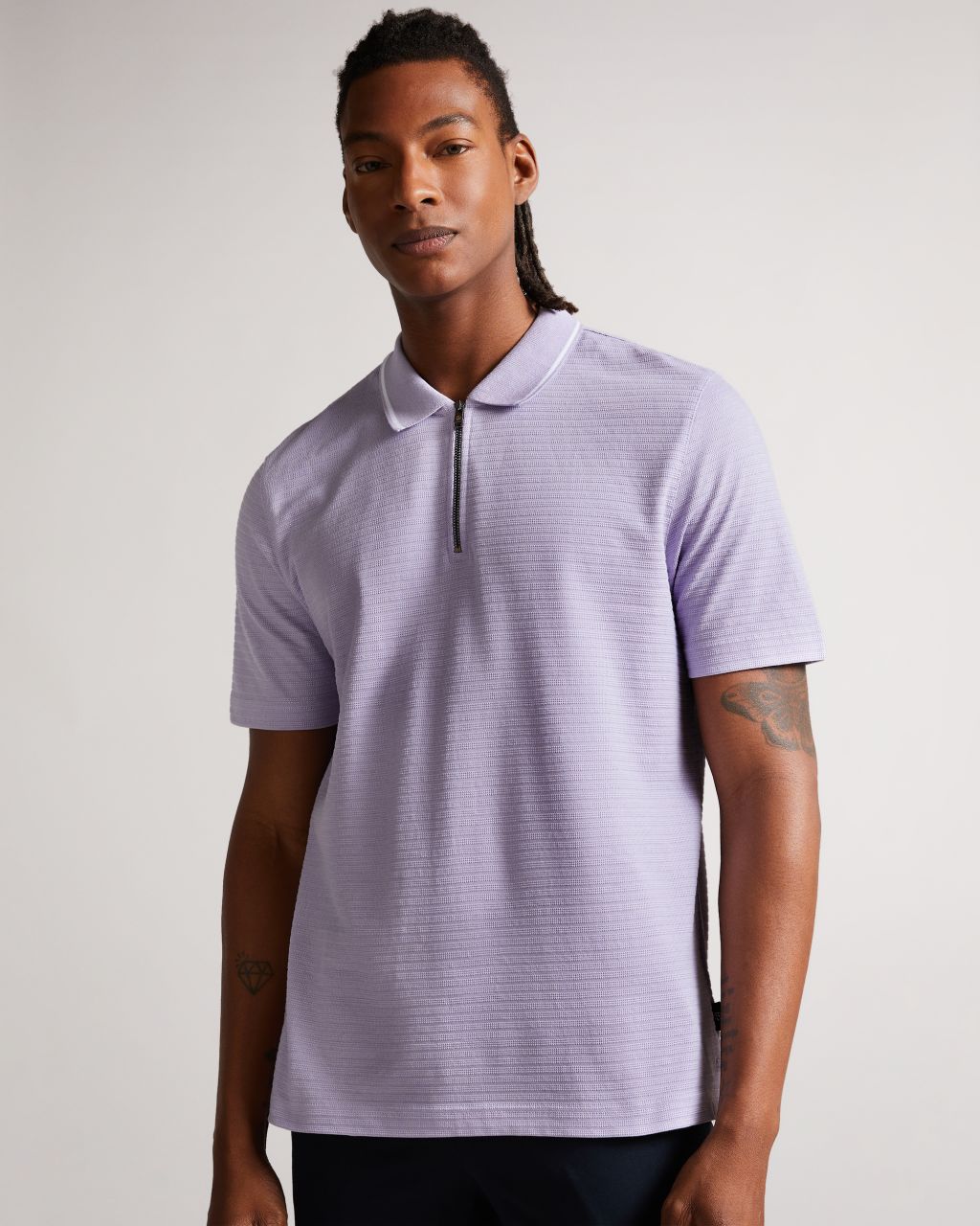 Ted Baker Men's Short Sleeve Textured Zip Polo Shirt in Light Purple, Buer, Cotton