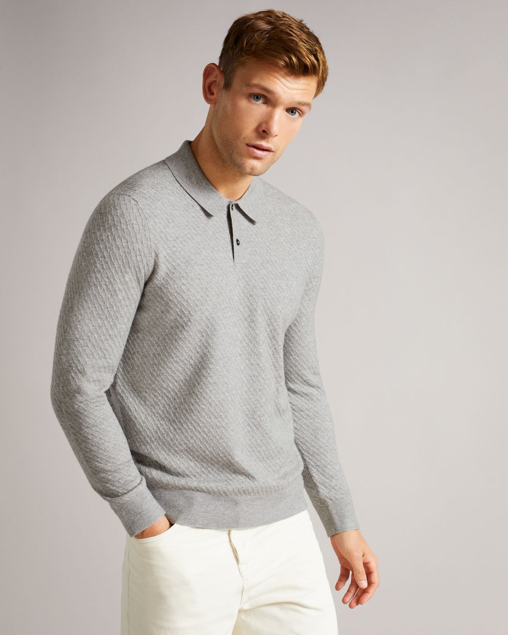 Ted Baker Men's Ls Knitted Textured Polo in Gray Marl, Nixan