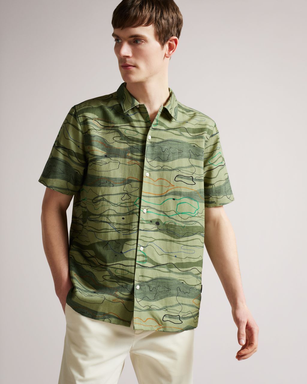 Ted Baker Men's Short Sleeve Wave Print Shirt in Light Green, Briary