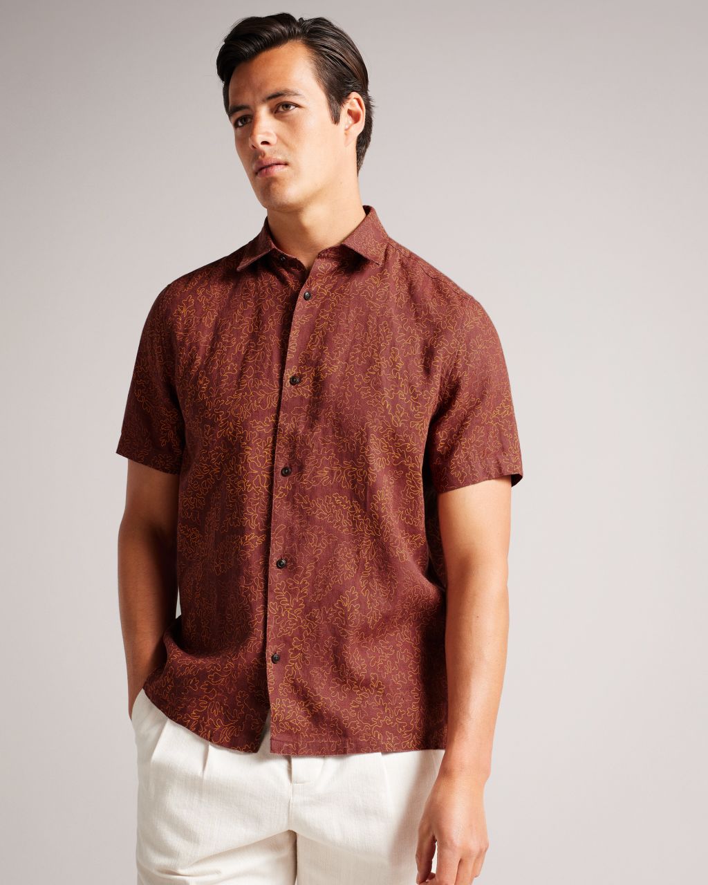 Ted Baker Men's Short Sleeve Coral Print Shirt in Maroon, Chapln, Linen