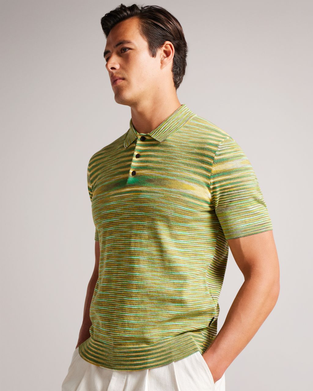 Ted Baker Men's Space Dye Stripe Knitted Polo Shirt in Bright Green, Pentle, Cotton