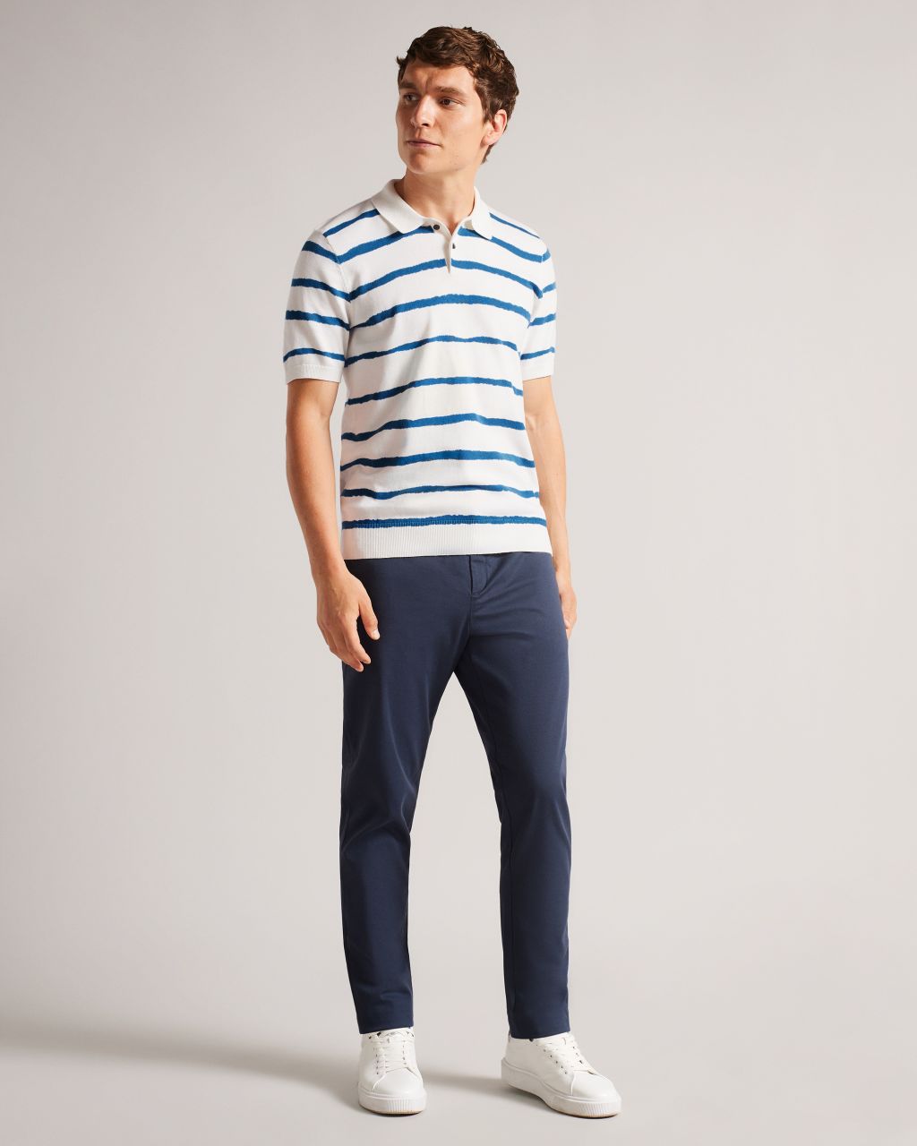 Ted Baker Men's Painted Stripe Knitted Polo Shirt in Ecru, Cromer, Cotton
