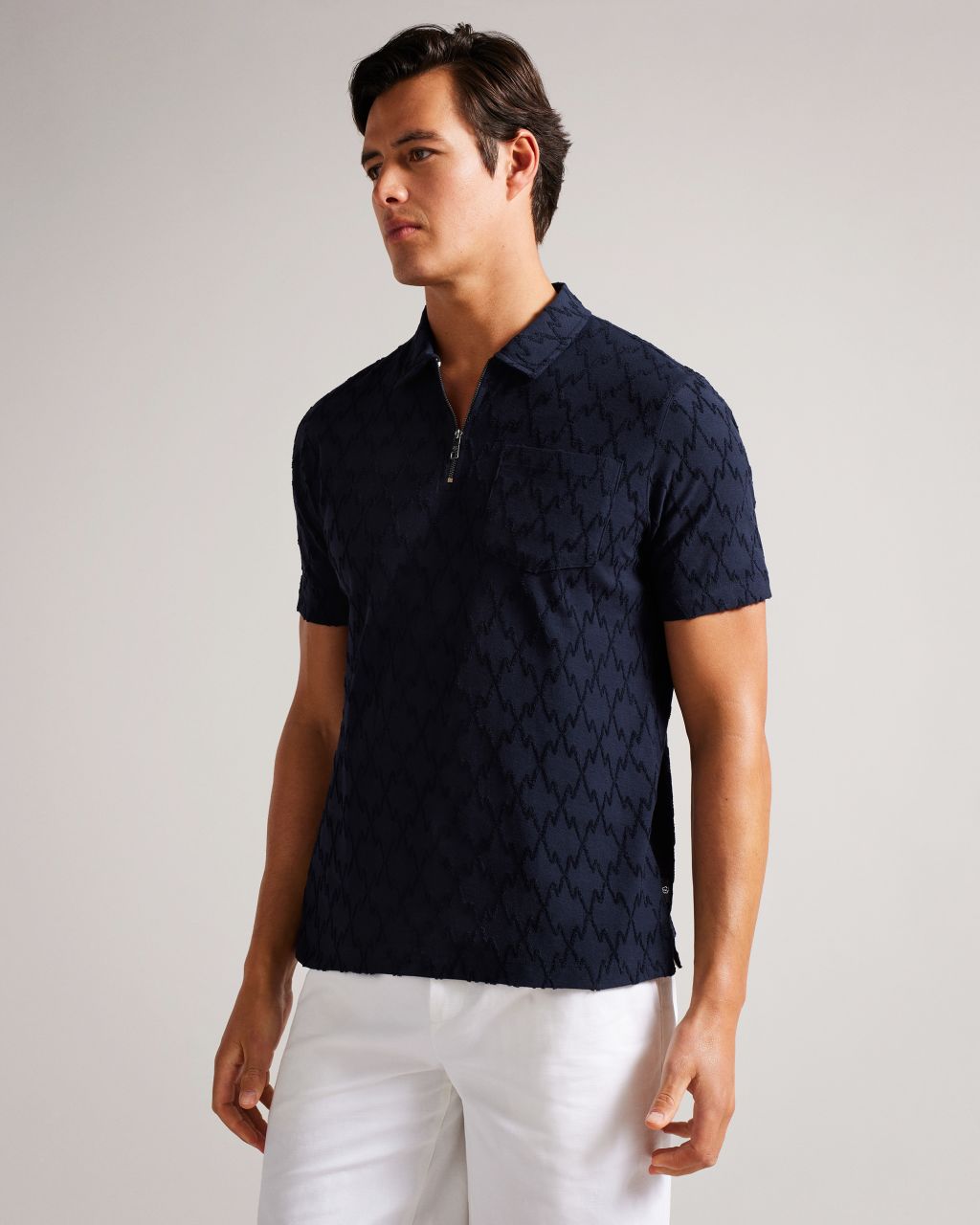 Ted Baker Men's Short Sleeve Zip Jacquard Polo Shirt in Navy, Coram, Cotton