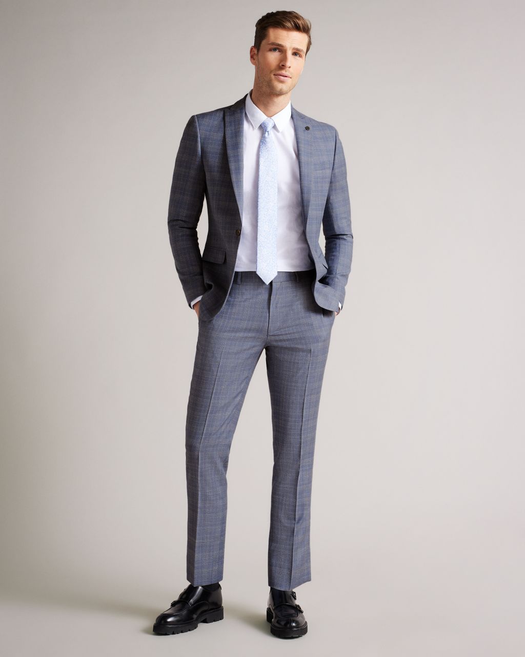 Slim Fit Pale Blue Check Suit Trousers