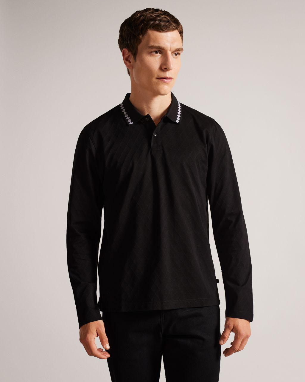 men's long sleeve argyle polo shirt in black, holrood, cotton