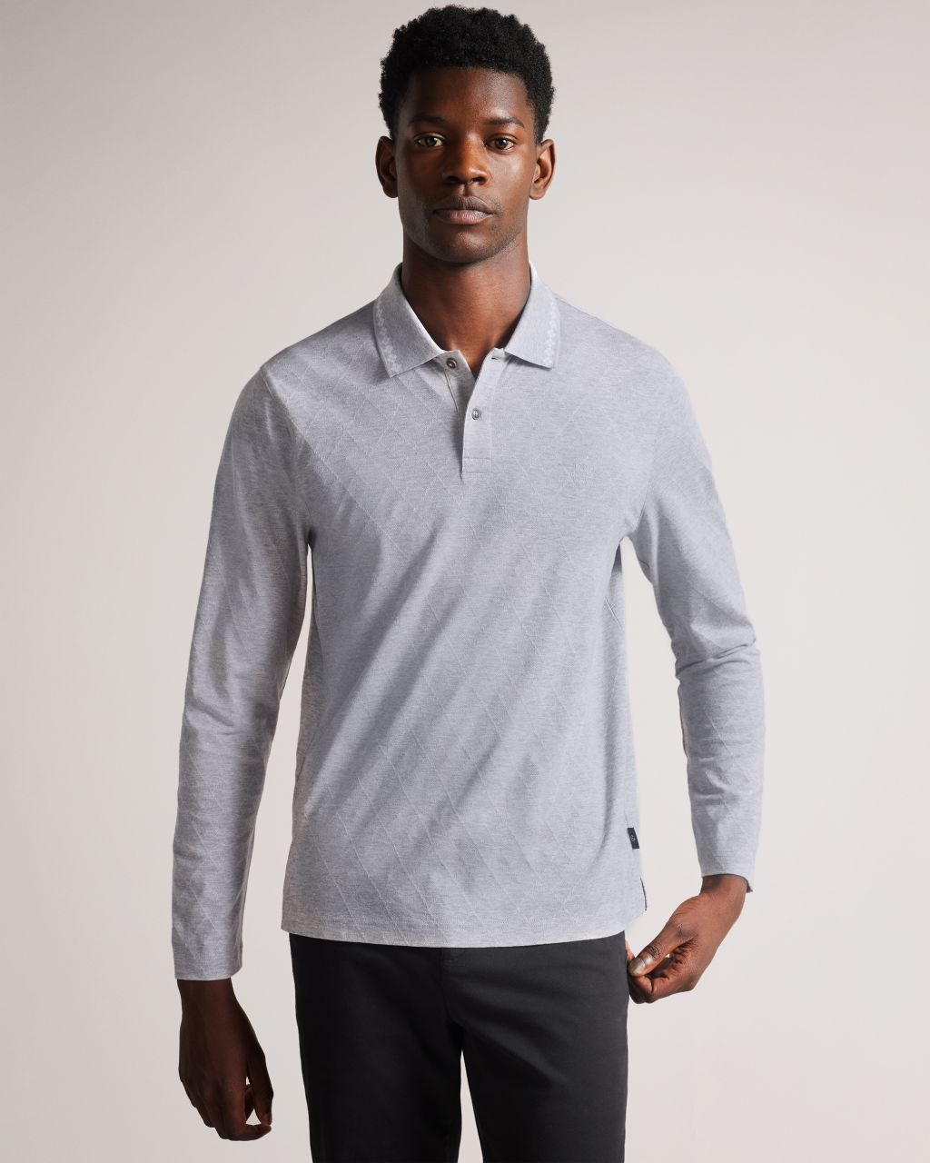 men's long sleeve argyle polo shirt in grey, holrood, cotton