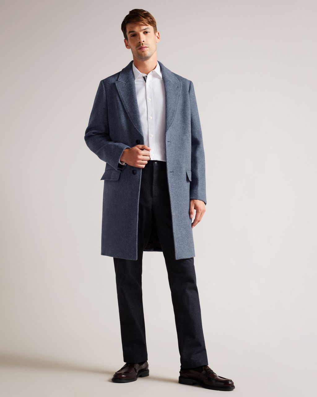 Ted Baker Men's Pure Wool Single Breasted Overcoat in Medium Blue, Raydon