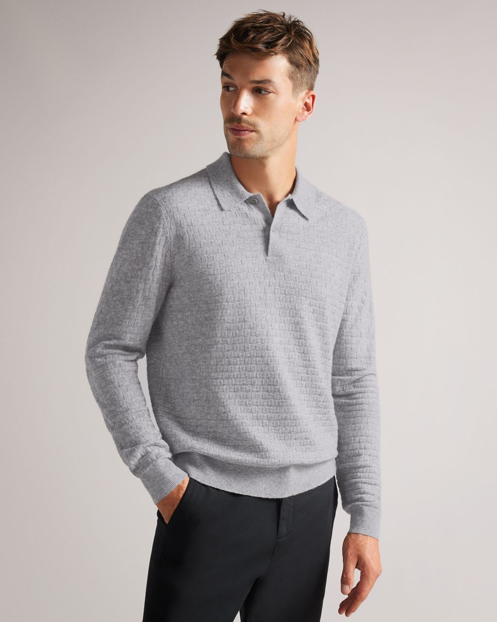 Men's Long Sleeve Knitted Polo Shirt In Grey, Patter