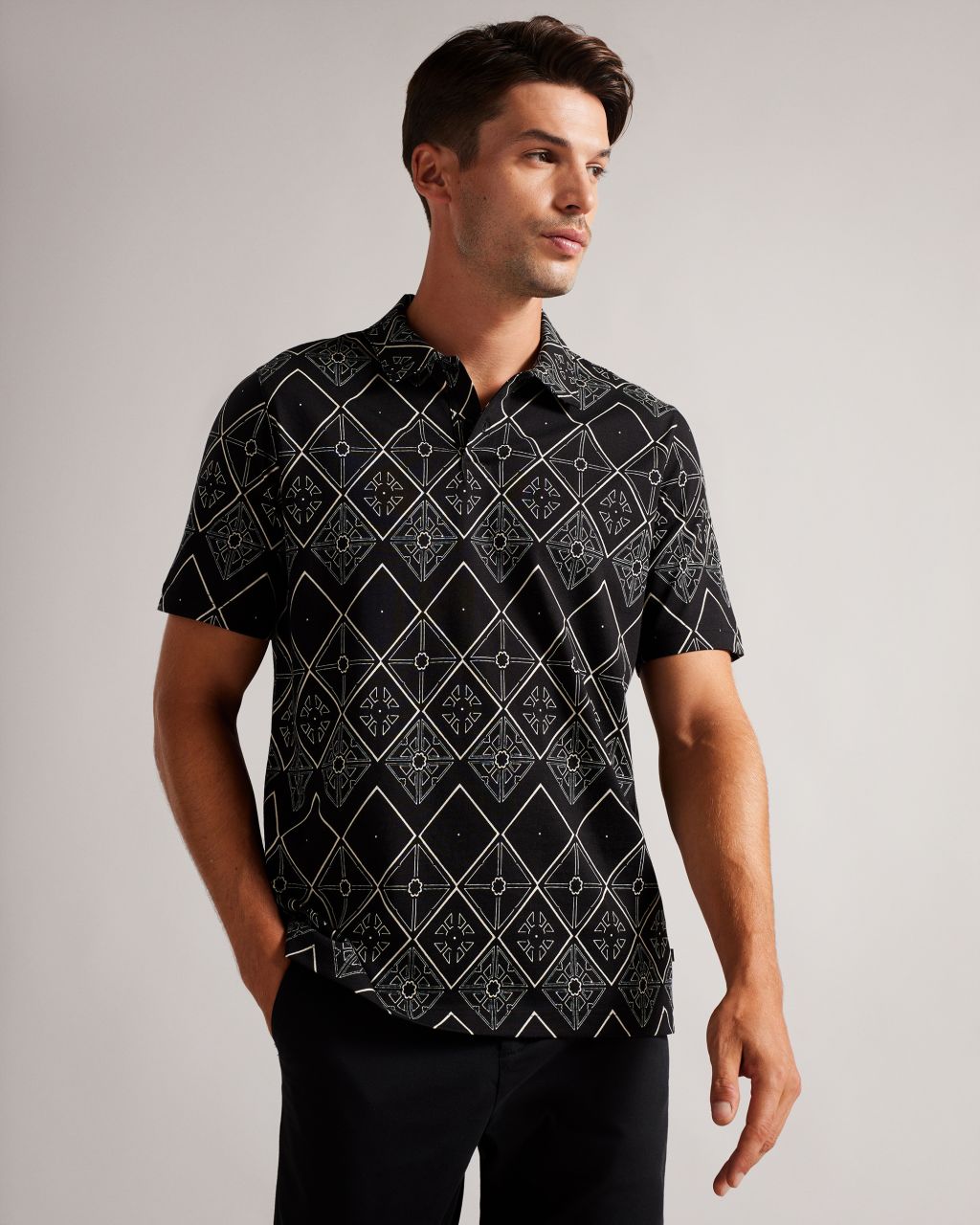 Ted Baker Men's Short Sleeve Geometric Print Polo Shirt In Black, Flencoe, Cotton