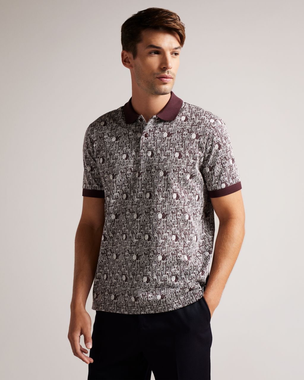 Ted Baker Men's Geometric Knit Polo Shirt in Maroon, Coreo, Cotton