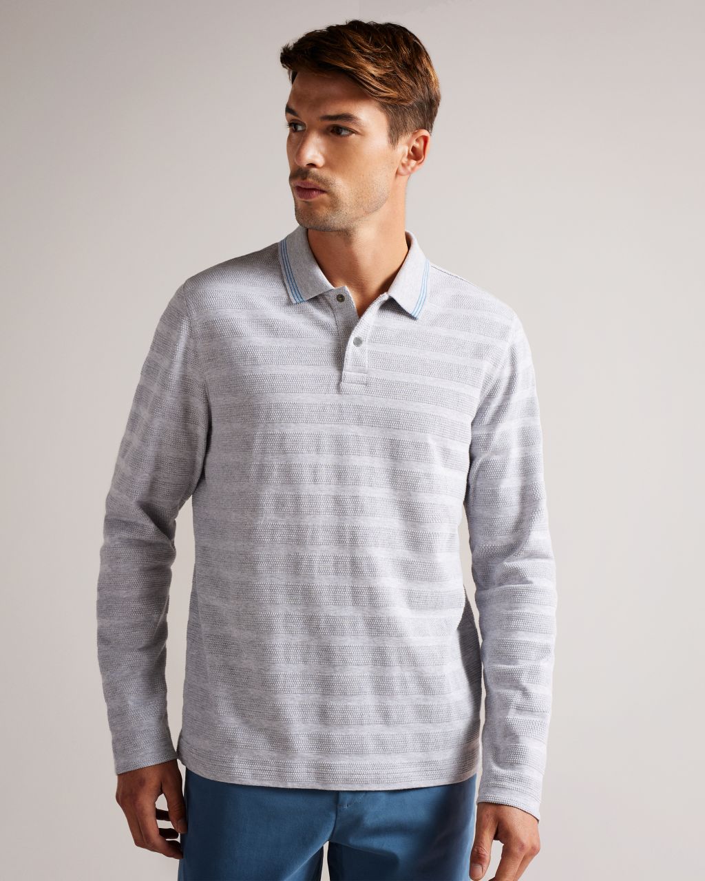 Ted Baker Men's Long Sleeve Textured Stripe Polo Shirt in Gray Marl, Penine, Cotton