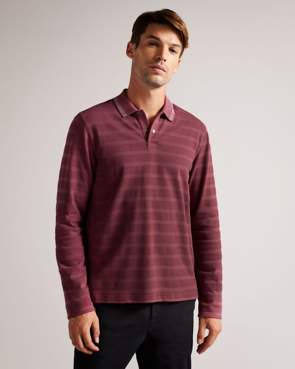 Ted Baker Men's Long Sleeve Textured Stripe Polo Shirt in Maroon, Penine, Cotton