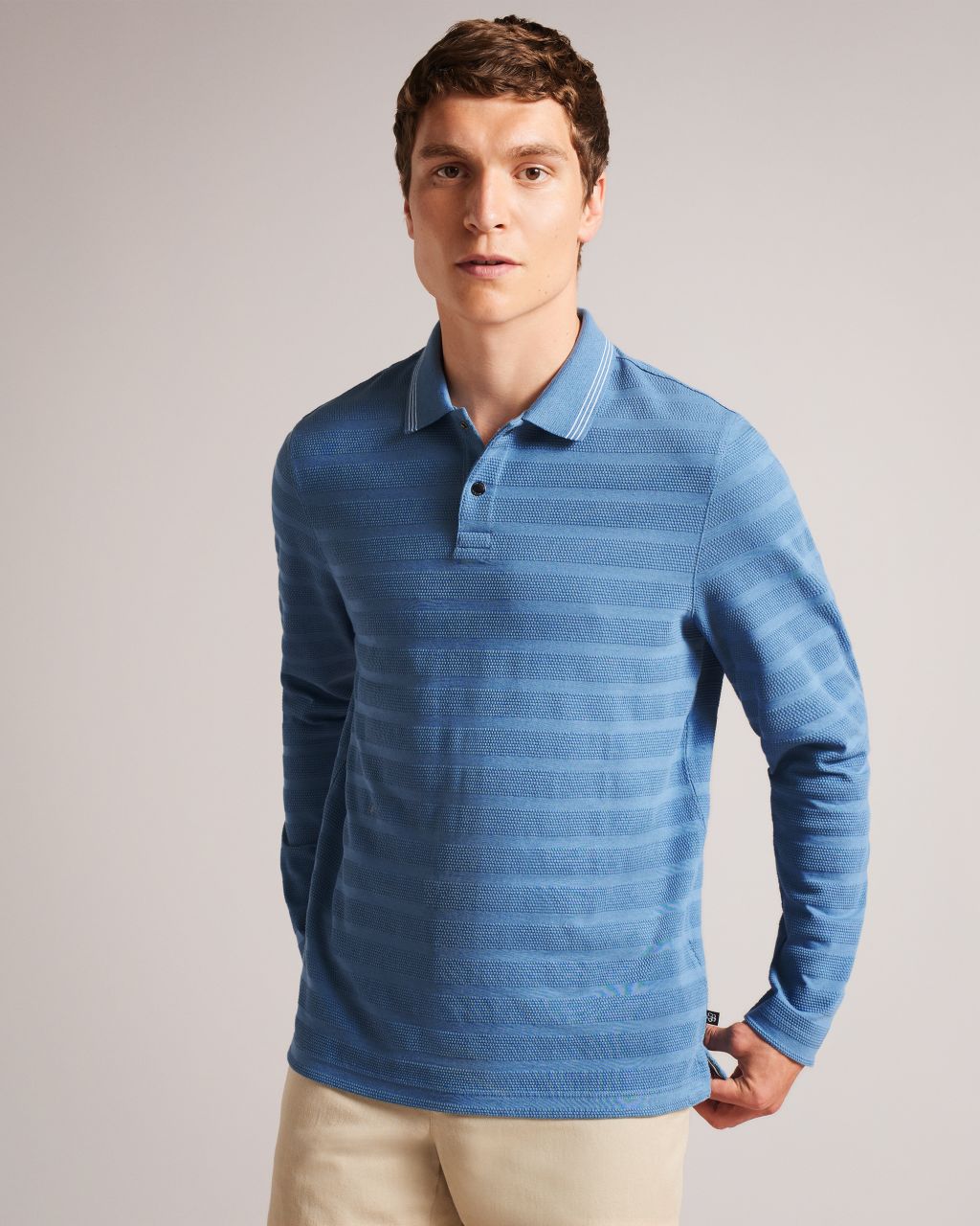 Ted Baker Men's Long Sleeve Textured Stripe Polo Shirt in Sky Blue, Penine, Cotton