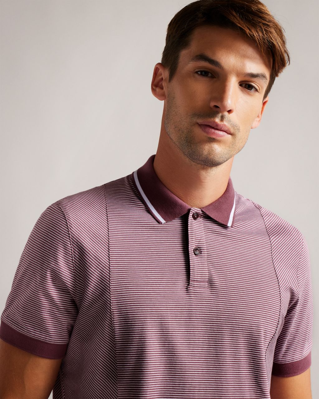 Ted Baker Men's Short Sleeve Regular Striped Panelled Polo in Maroon, Taigaa, Cotton