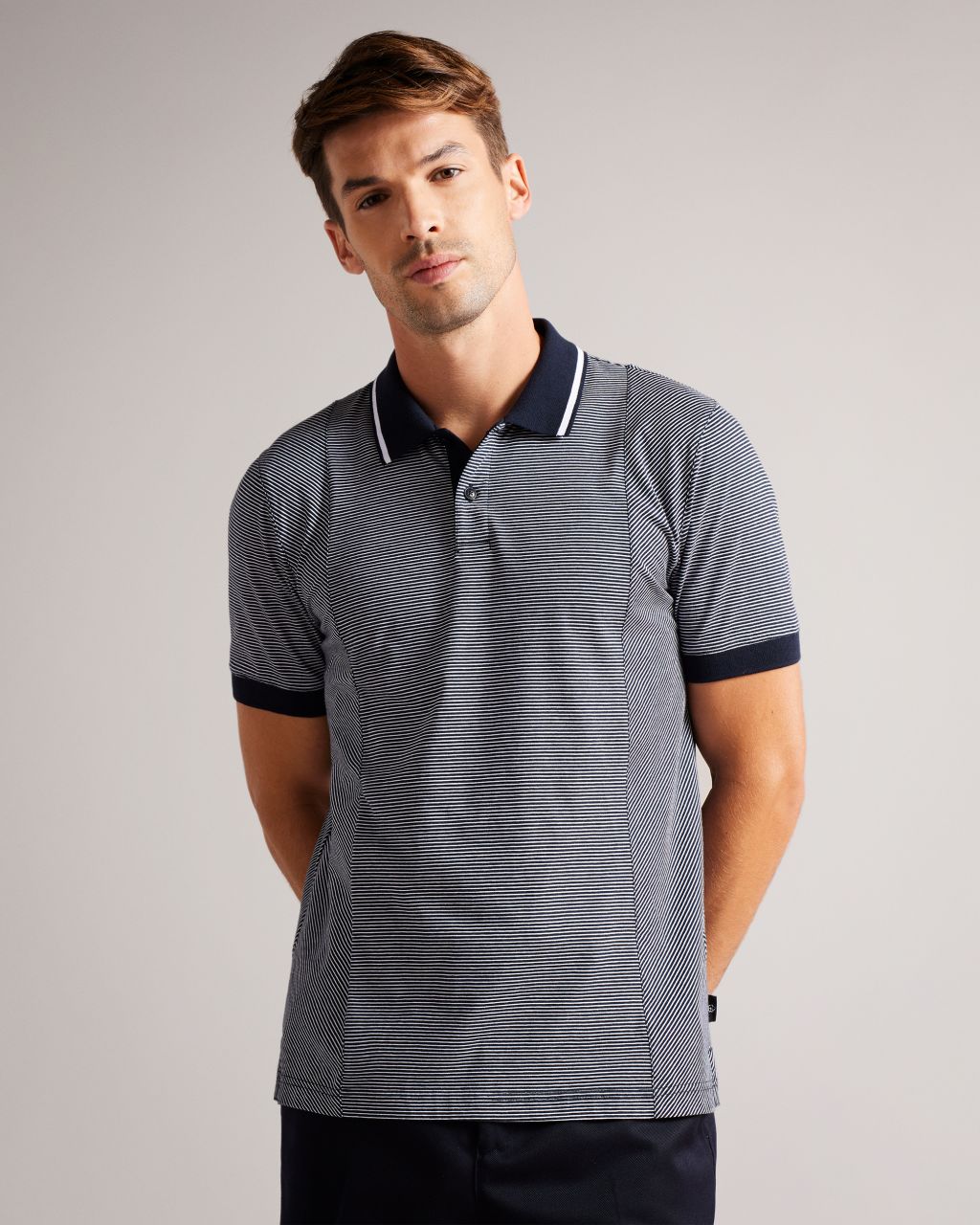 Ted Baker Men's Short Sleeve Regular Striped Panelled Polo in Navy, Taigaa, Cotton