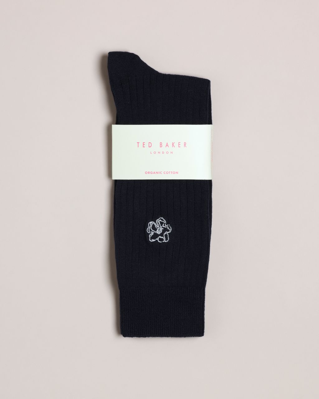 Men's Ribbed Socks With Embroidered Magnolia in Dark Navy, Coremag, Cotton