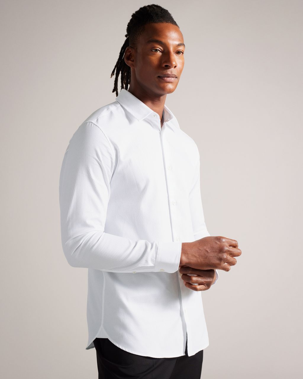 Men's Long Sleeve Textured Stripe Shirt in White, Lecce