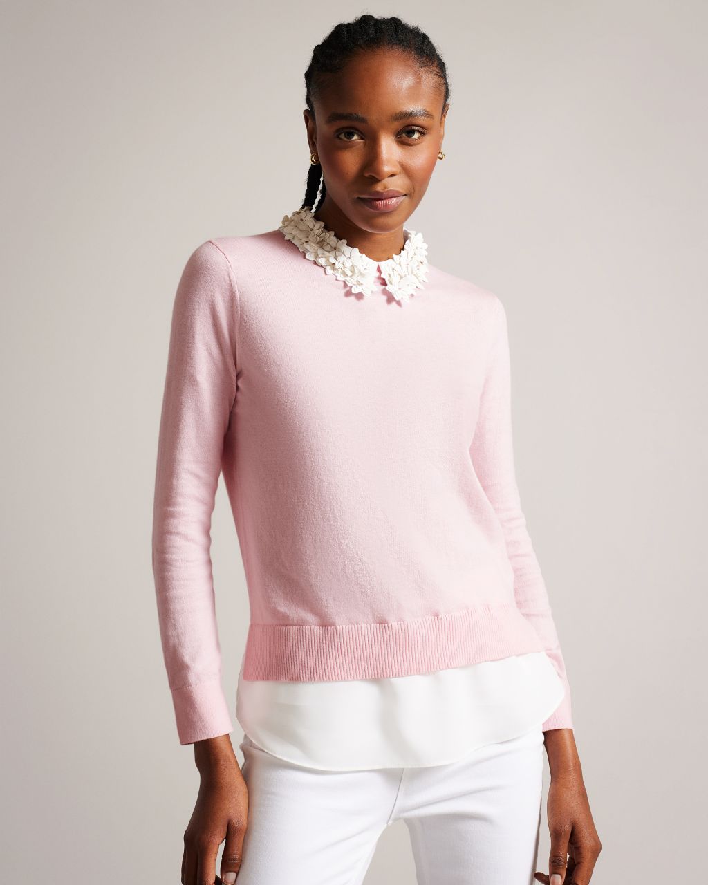 ted baker women's floral collar mockable sweater in pink, nansea, cotton