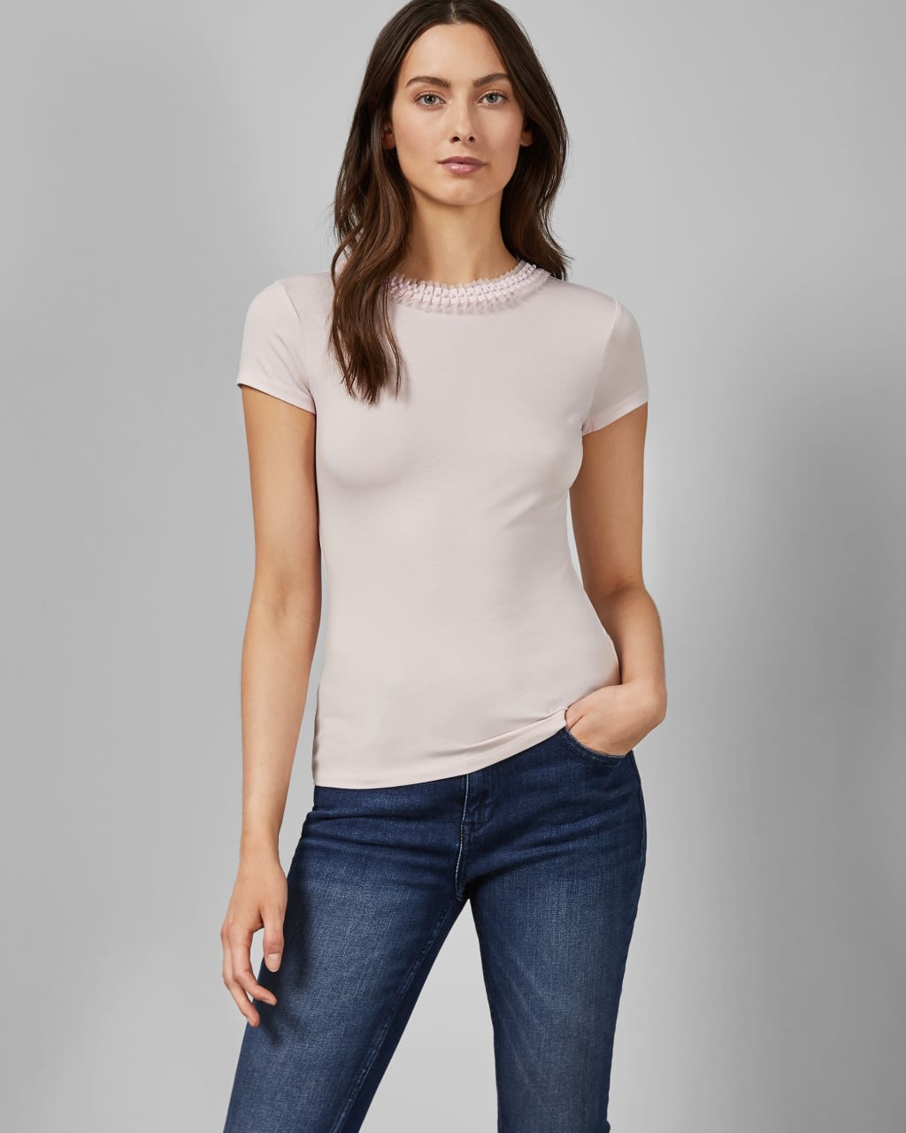Ted Baker Women's Frill Neck Fitted T-Shirt in Nude-Pink, Jacii