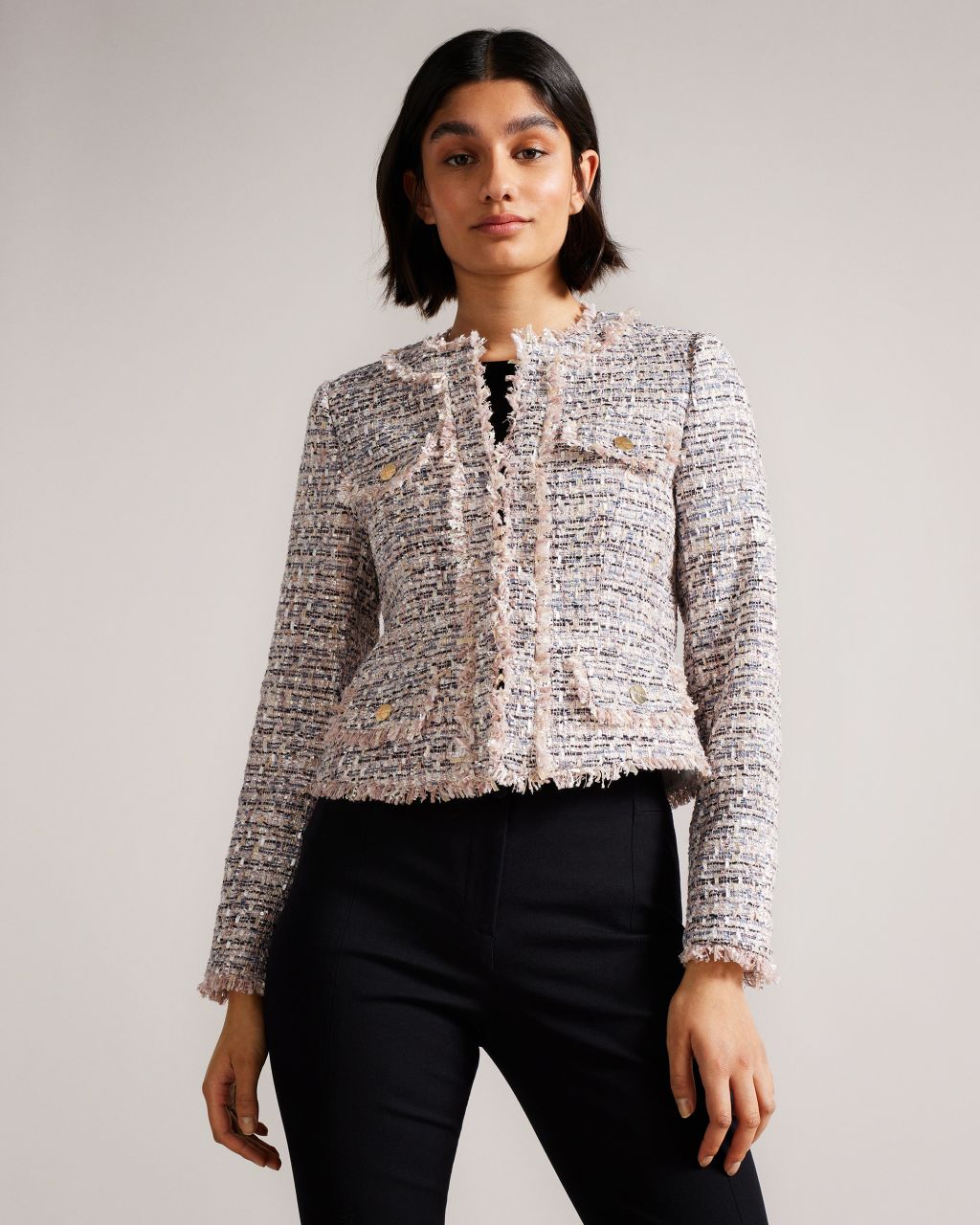Ted Baker Women's Cropped Boucle Jacket With Fray Detail in Light Pink, Renata