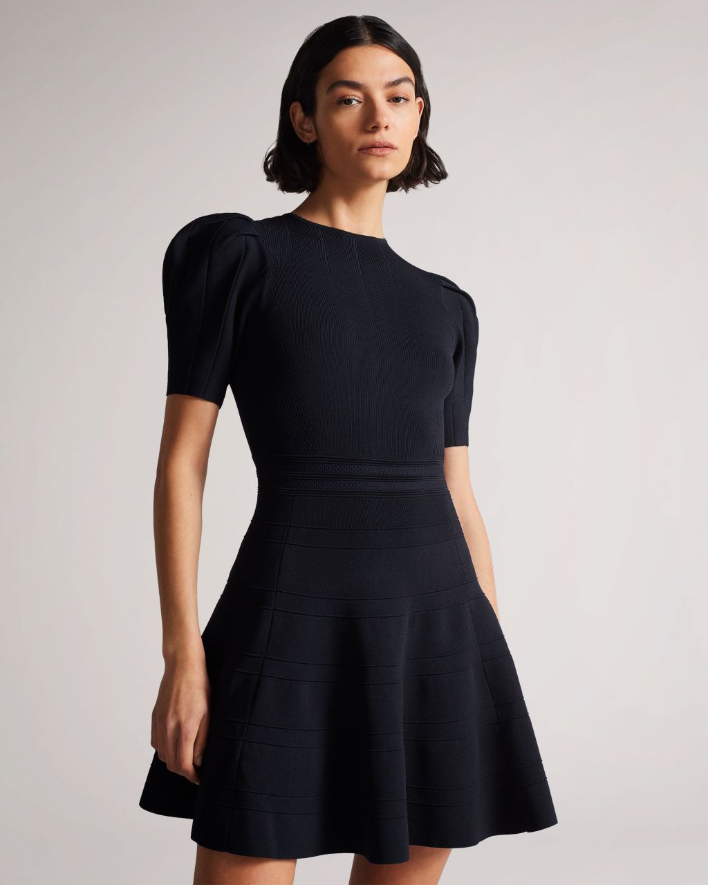 Ted Baker Women's Puff Sleeve Dress With Engineered Skirt in Midnight, Velvey