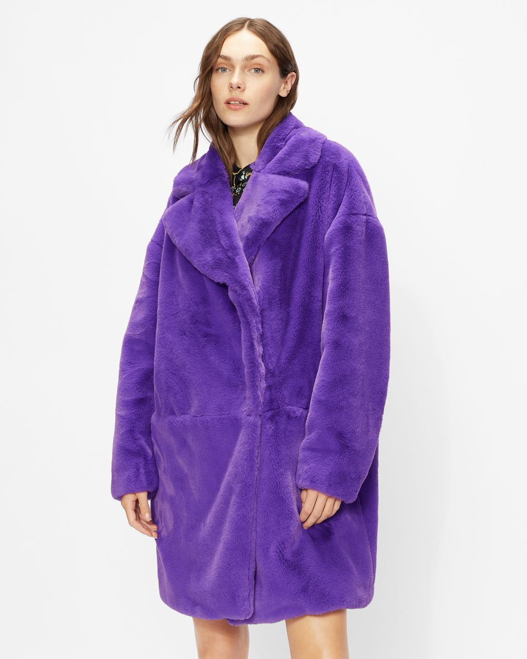 Faux Fur Cocoon Coat With Wide Collar