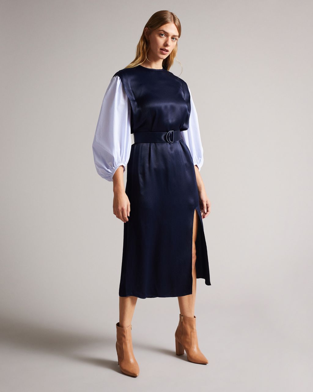 Ted Baker Women's Belted Midi Dress With Puff Sleeve in Navy, Kaytei