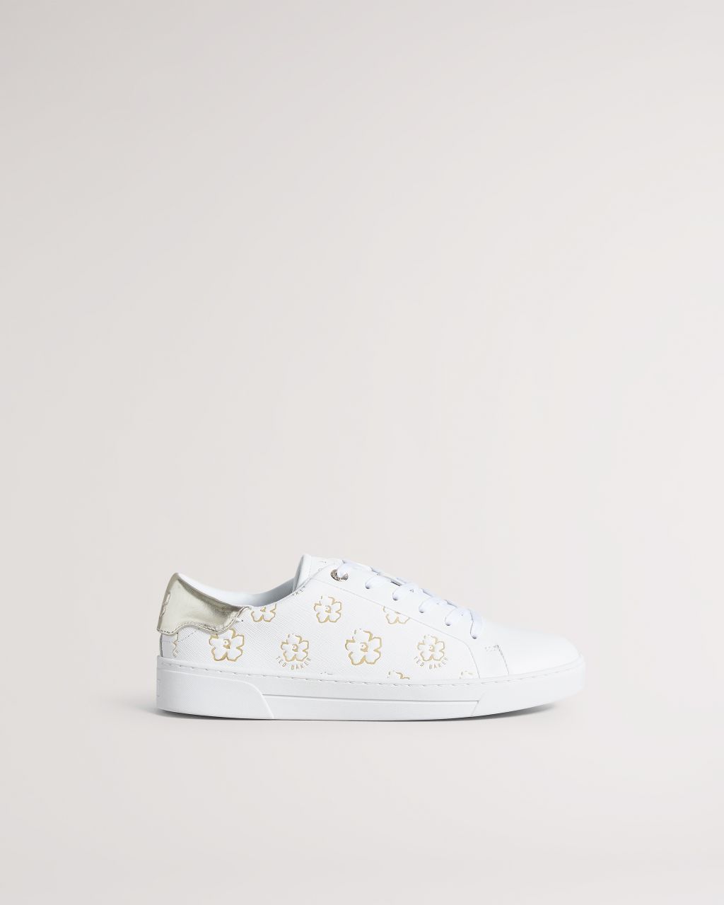 Ted Baker Women's Magnolia Flower Cupsole Trainer in White-Gold, Taliy, Leather