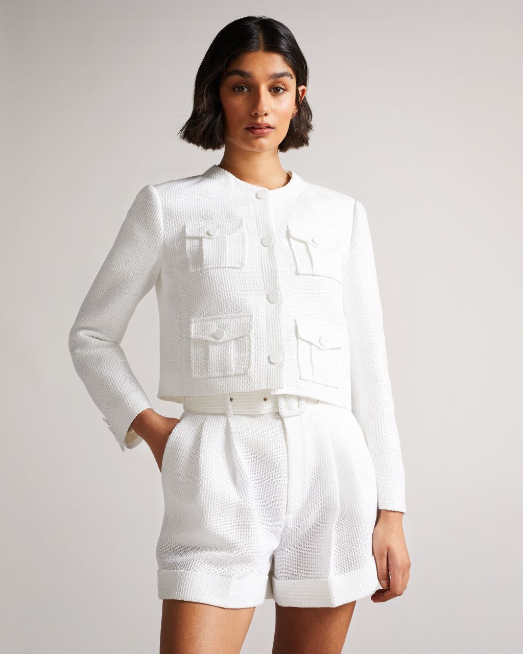 Ted Baker Women's Cropped Cargo Jacket in White, Alera, Cotton