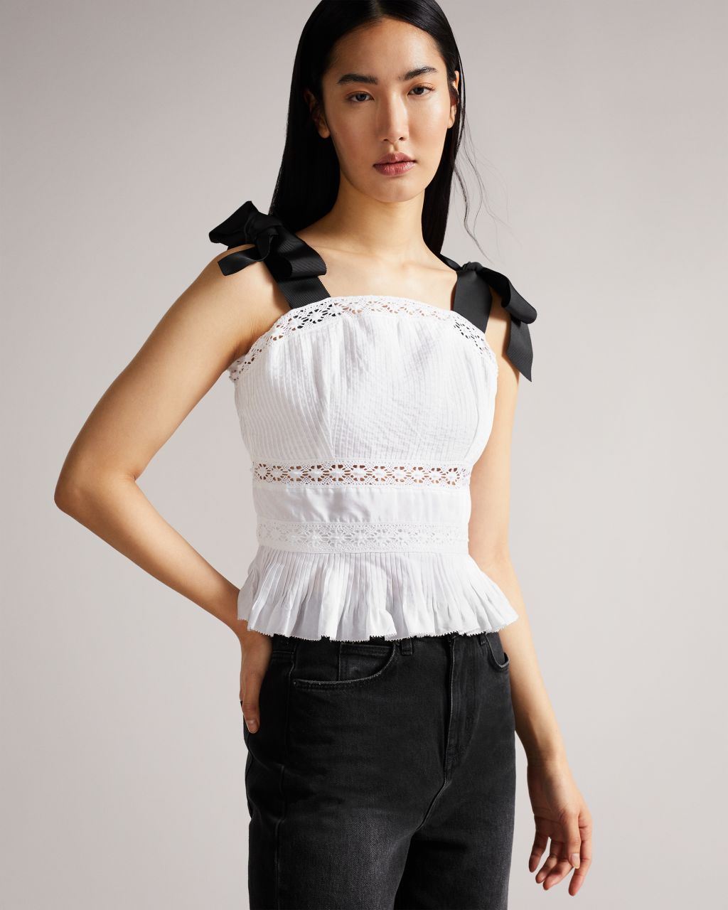Ted Baker Women's Lace Insert Peplum Top With Grosgrain Straps in White, Pietri