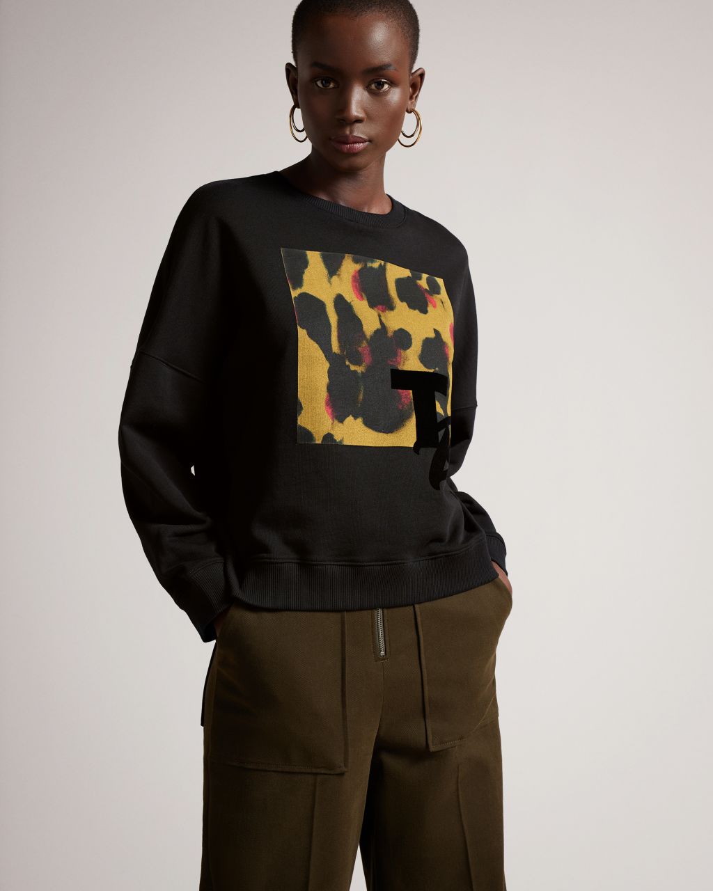 Femmes Sweat-Shirt Imprimé Tb Leopard En Noir, Leperd, Coton