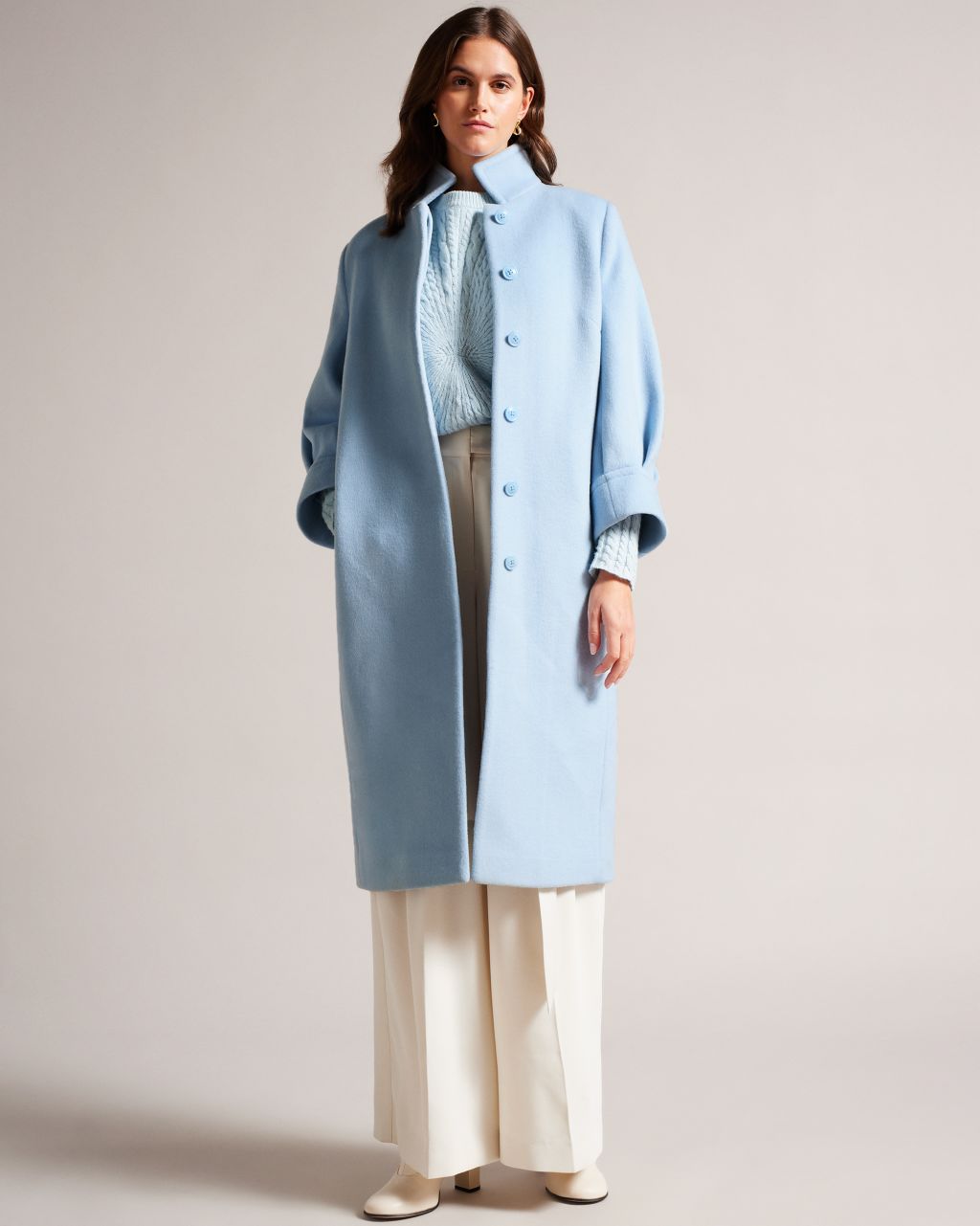 Women's Midi Length Coat With Volume Sleeves In Blue, Sairse, Wool