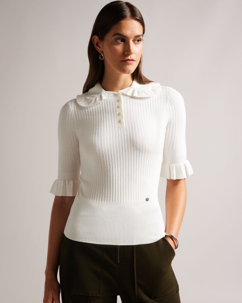 Ted Baker Women's Frill Collar Polo Top in White, Kebella