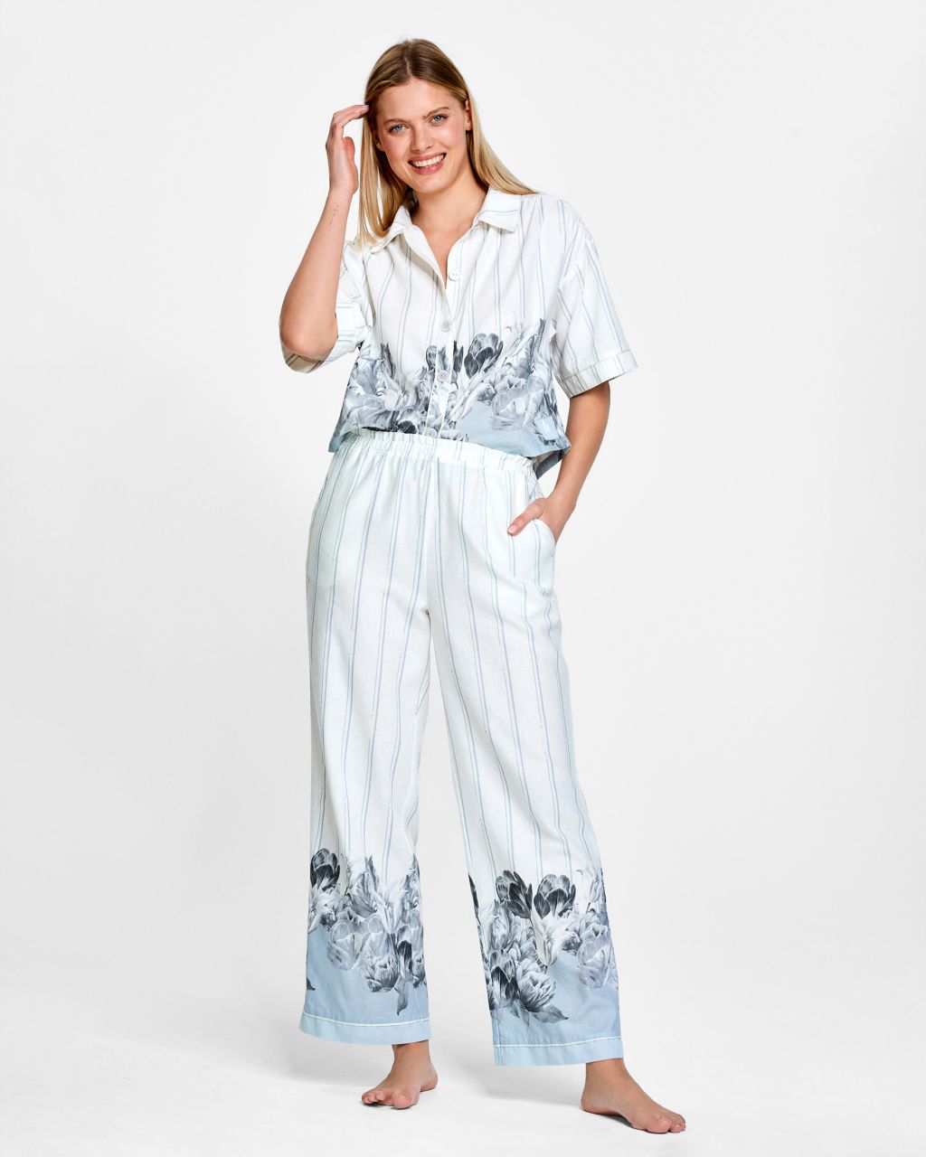 Femmes Ensemble De Pyjama Rayé Imprimé Fleurs En Blanc, Tesalo