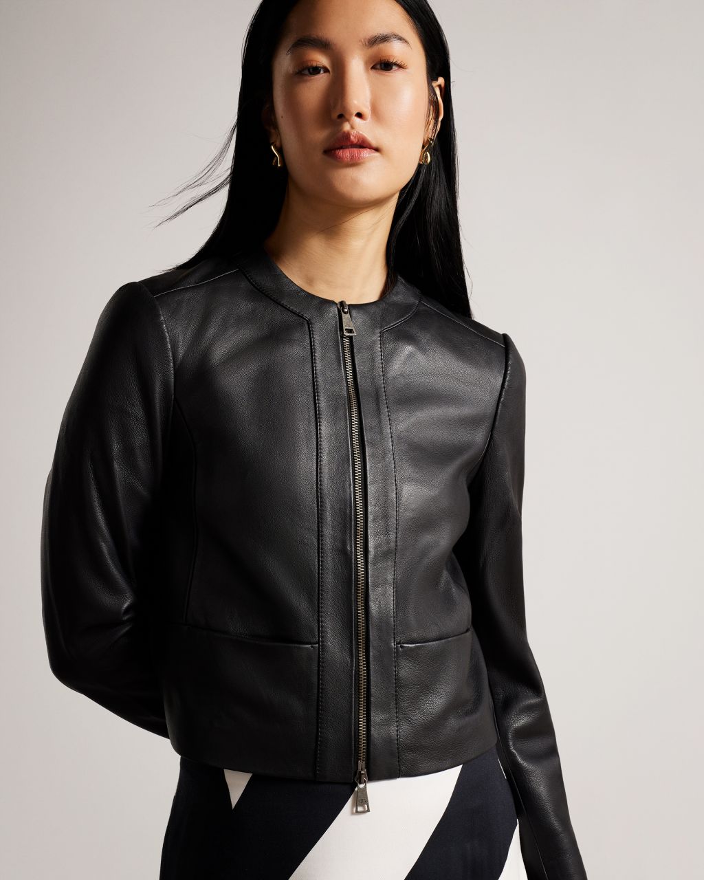 Ted Baker Women's Fitted Panelled Leather Jacket in Black, Clarya