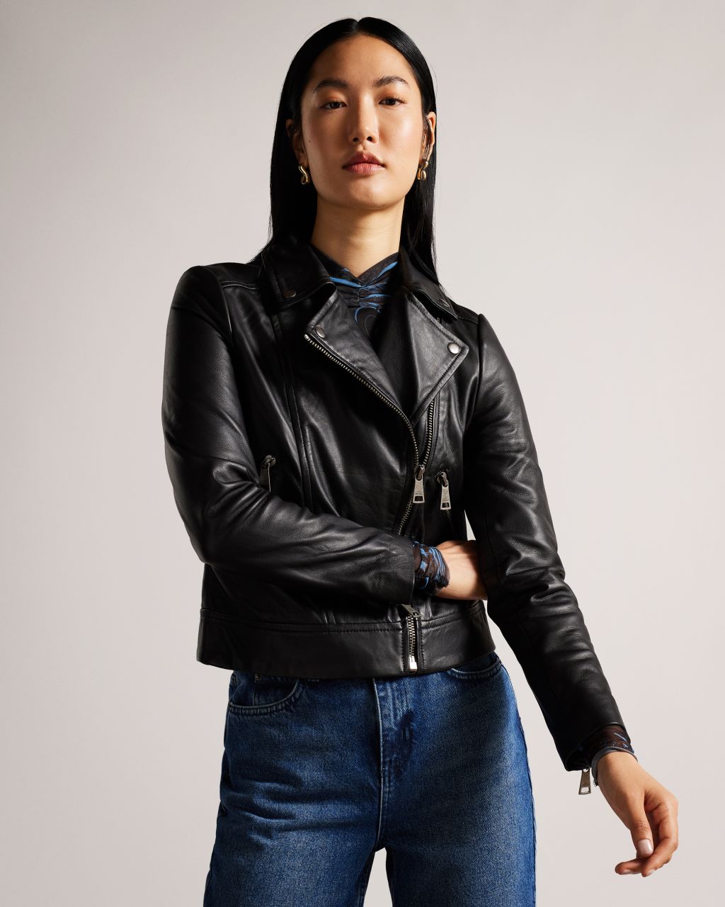 Ted Baker Women's Fitted Leather Biker Jacket in Black, Ellaar