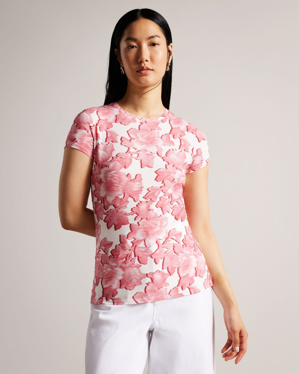 Ted Baker Women's Floral Print Fitted T-Shirt In White, Loissa, Cotton