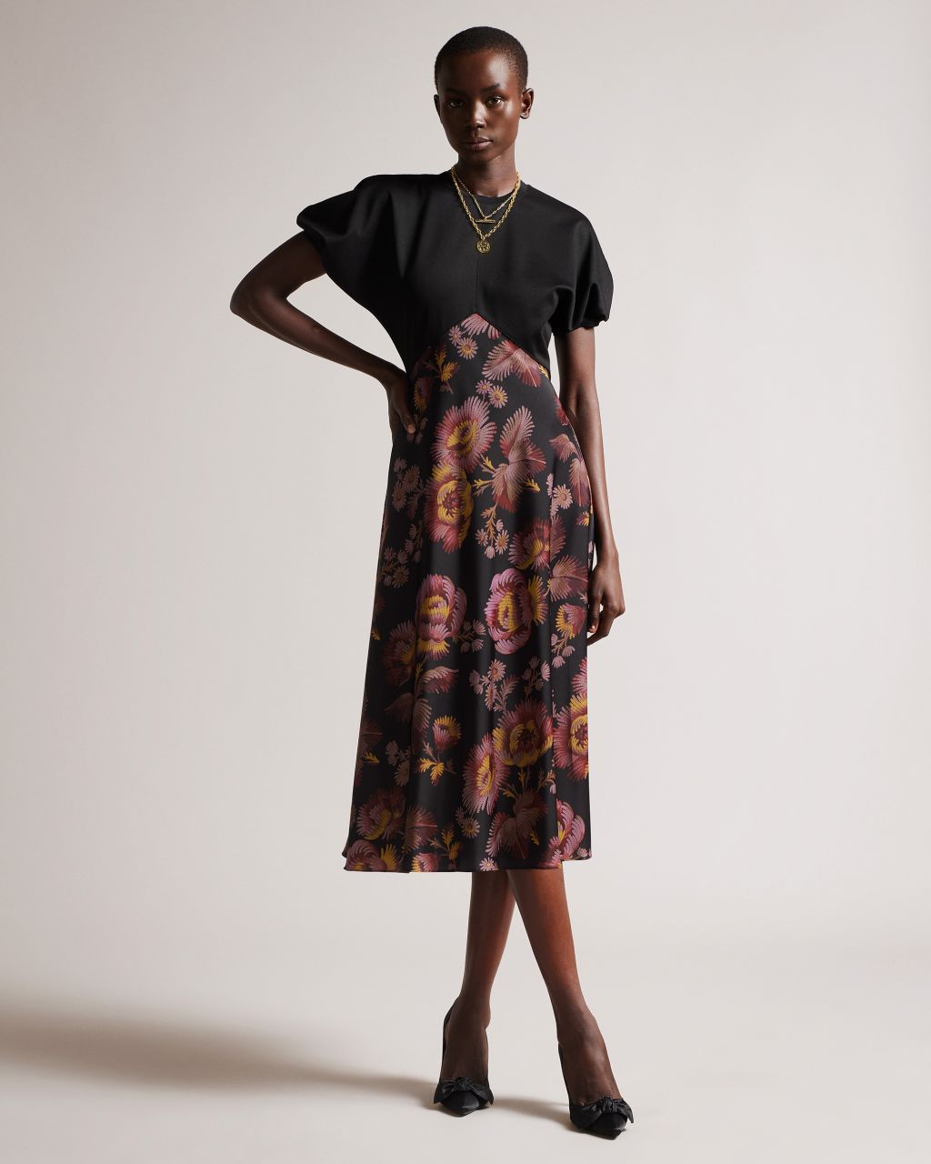 Ted Baker Women's Ponte Bodice Dress With Floral Skirt In Black, Fridah