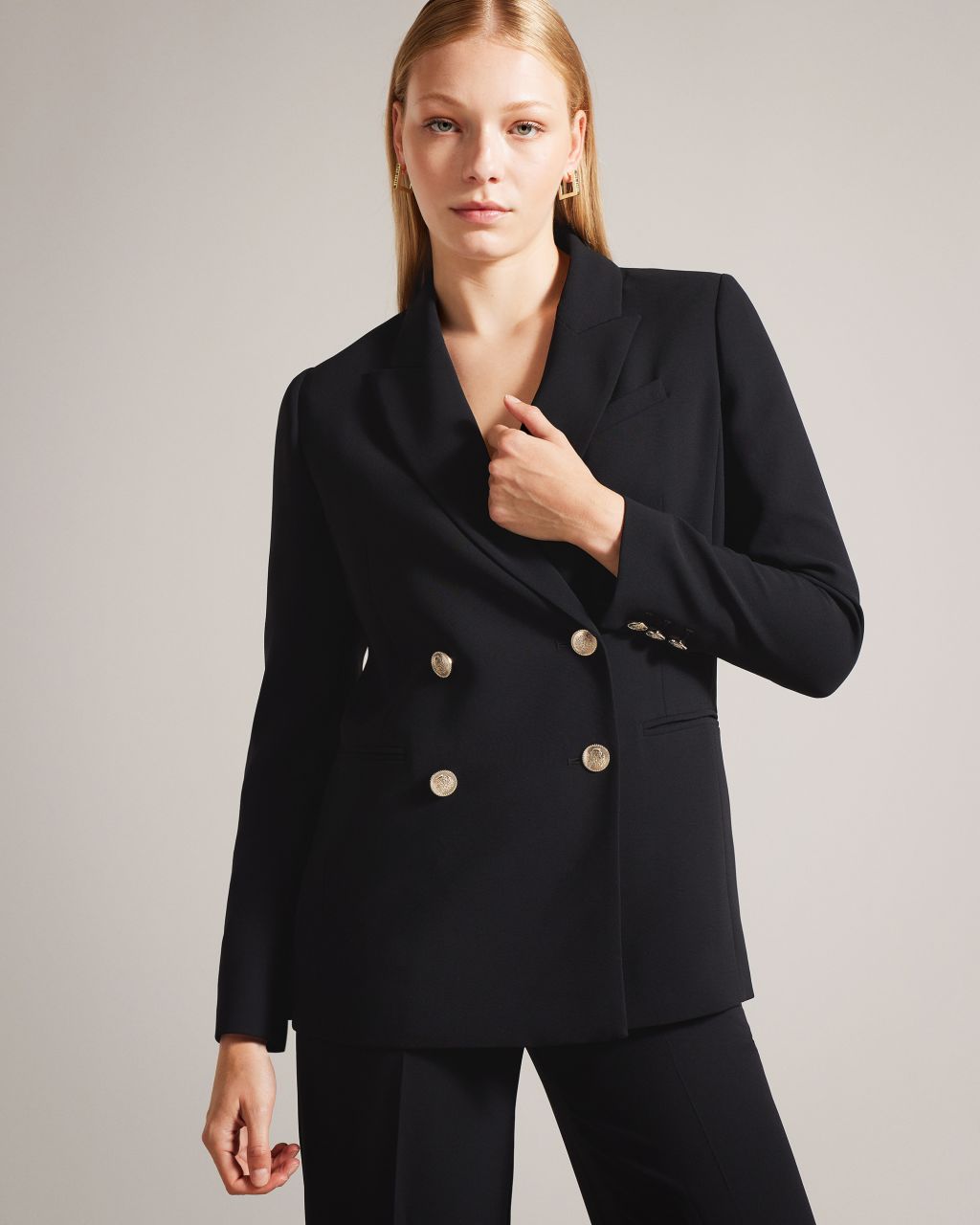 Women's Double Breasted Jacket With Embossed Buttons in Black, Llayla product