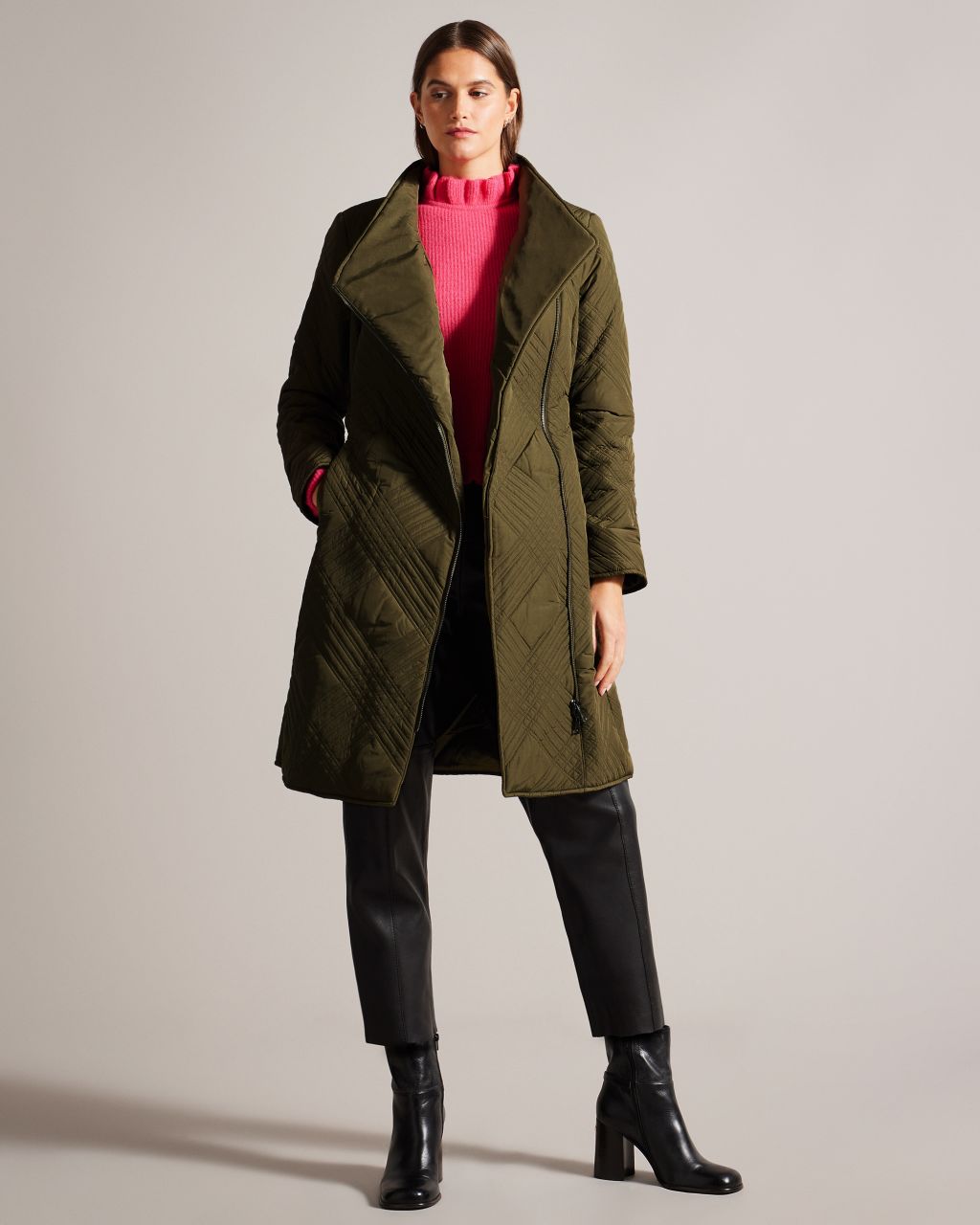 Women's Midi Quilted Wrap Coat With High Collar in Khaki, Rosemae