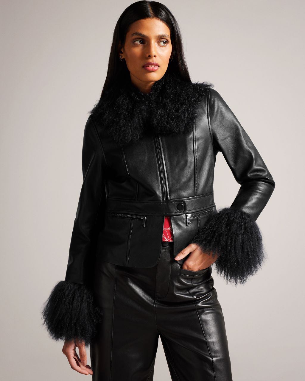 Women's Detachable Cuff Leather Peplum Jacket in Black, Tillyah product