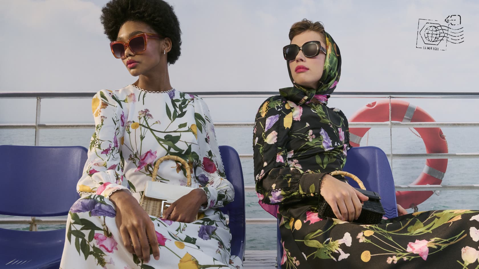 Women on ferry in Ted Baker printed dresses