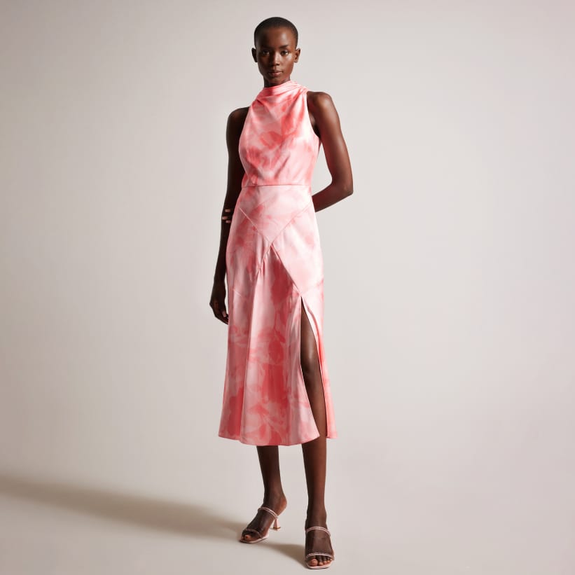 Women's Coral Cowl Neck Bias Cut Midi Dress