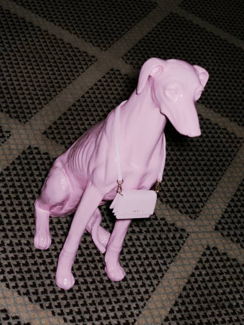 Pink dog statue with a small pink cross body bag