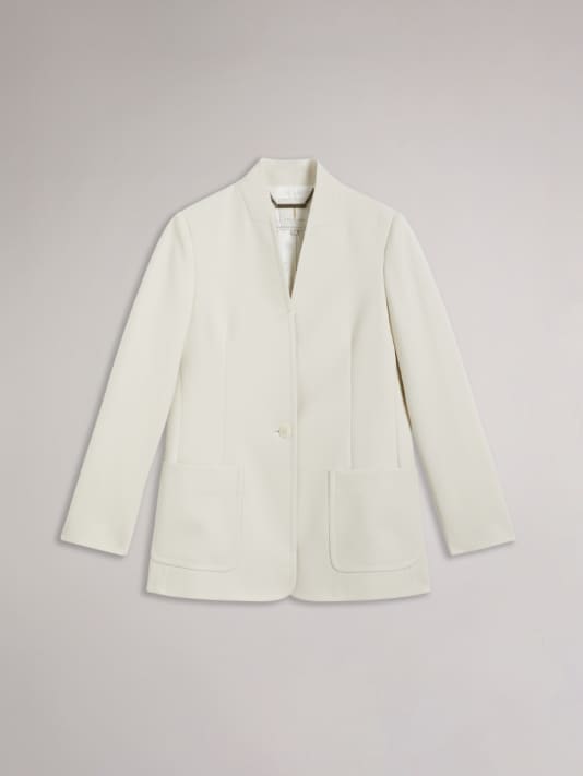 White collarless longline jacket