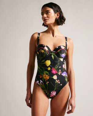 Women's black floral balconette swimming costume