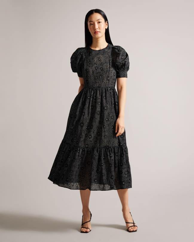 Women's Black Floral Print Puff Sleeve Tiered Maxi Dress